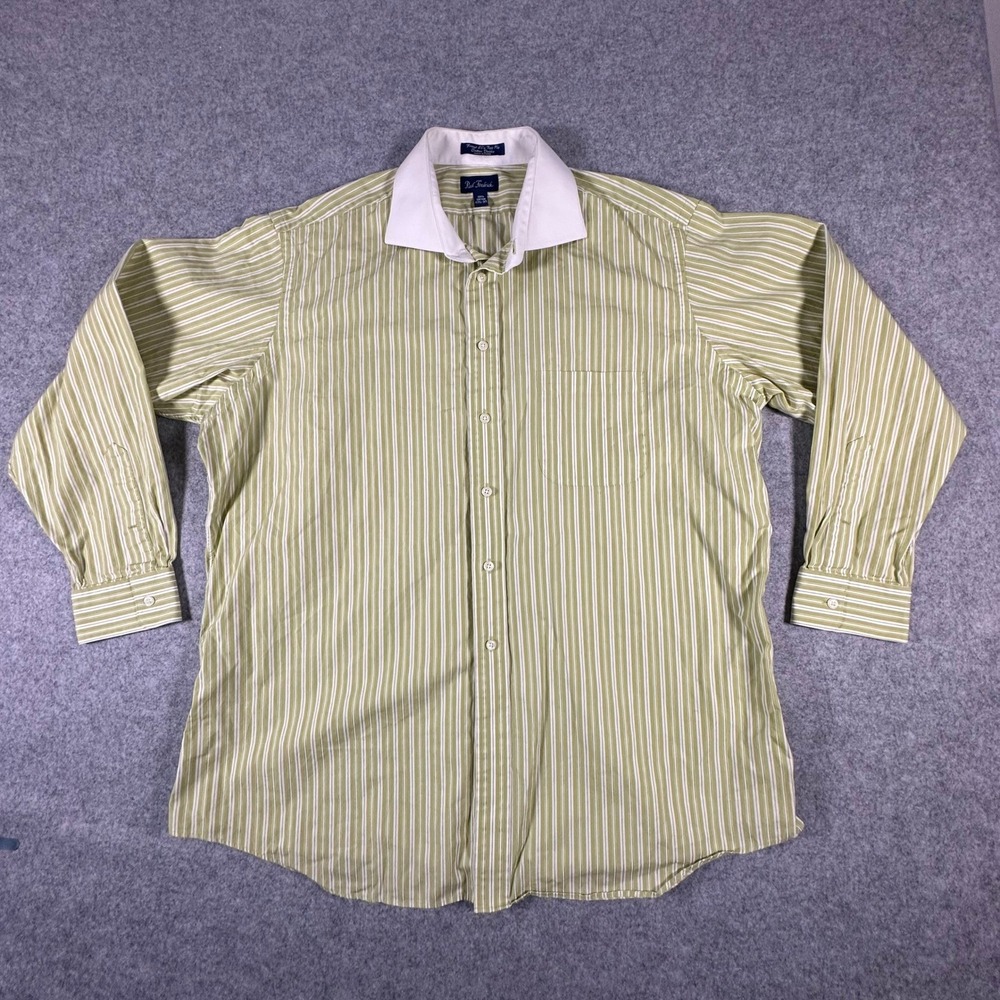 Paul Fredrick Button Down Shirt Mens 17.5-35 Green White Striped Contrast Collar